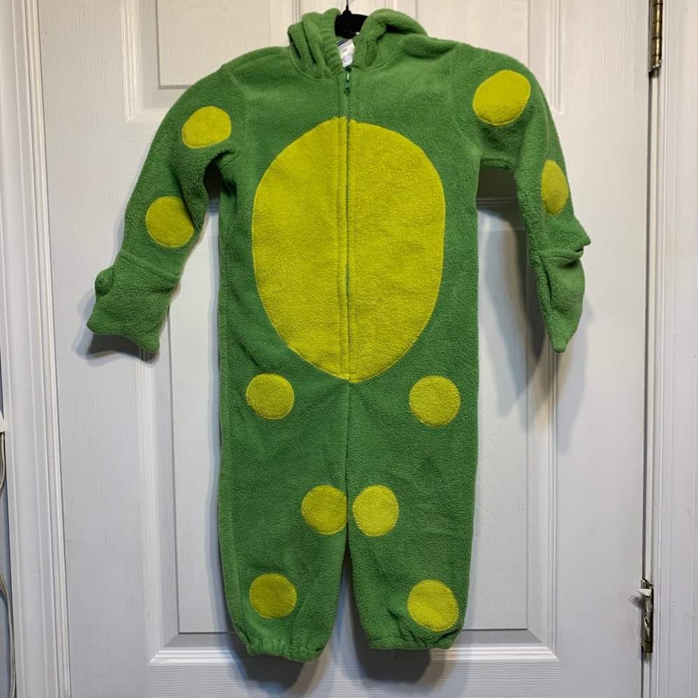 Old Navy Frog Costume 2T Green Polka Dot Fleece Hooded Jumpsuit Halloween Cute